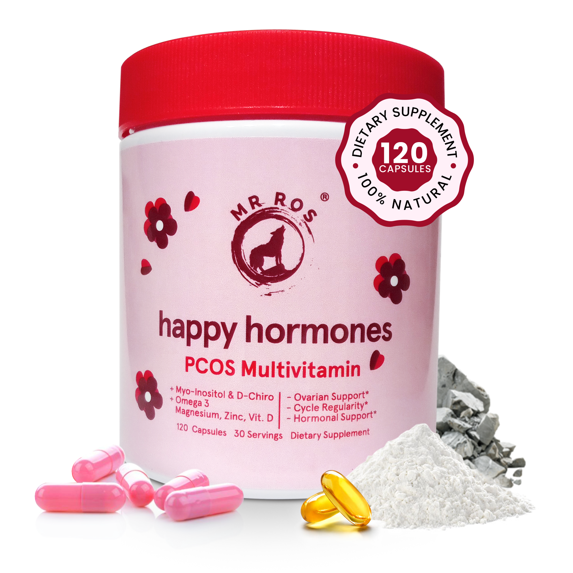 Happy Hormones PCOS Multivitamin Capsules - Myo-Inositol and D-Chiro Inositol Supplement - Omega-3 and Vitamin D3 Supplement Capsules - 40:1 Ratio, 120 Easy Swallow Caps