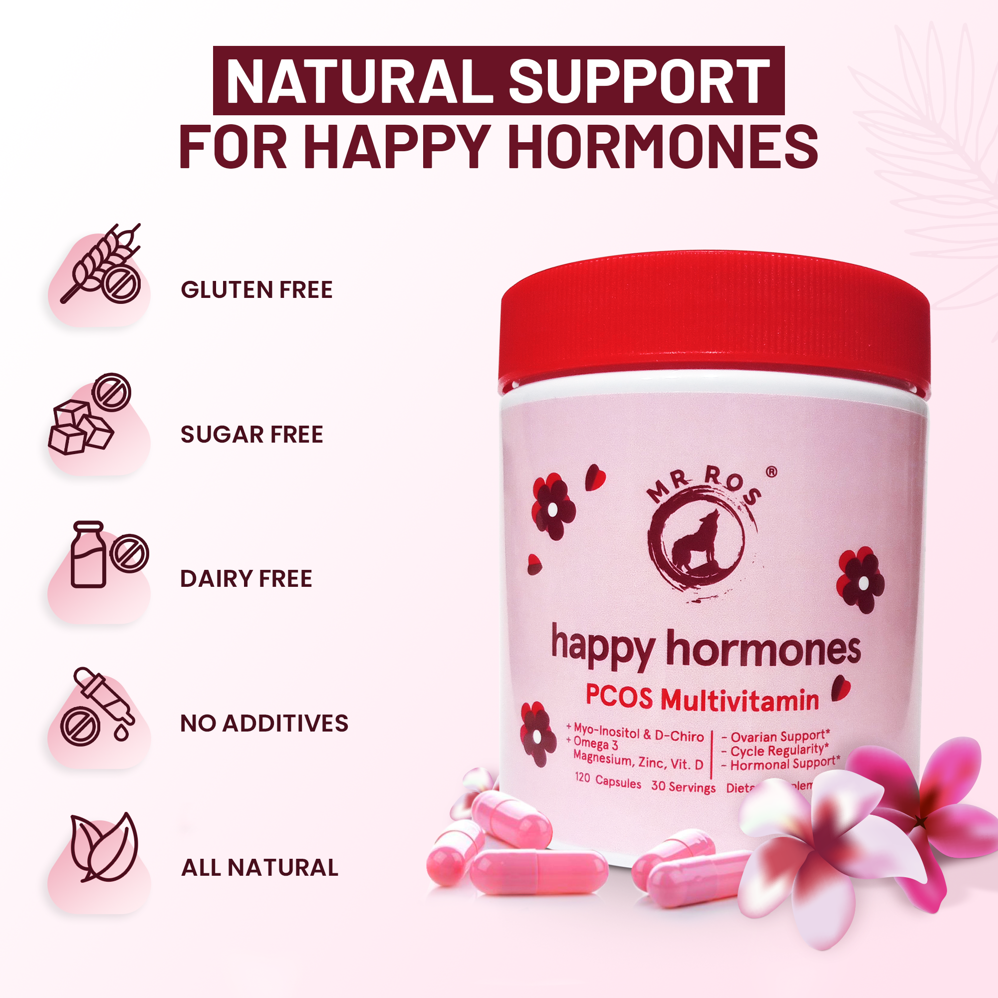 Happy Hormones PCOS Multivitamin Capsules - Myo-Inositol and D-Chiro Inositol Supplement - Omega-3 and Vitamin D3 Supplement Capsules - 40:1 Ratio, 120 Easy Swallow Caps