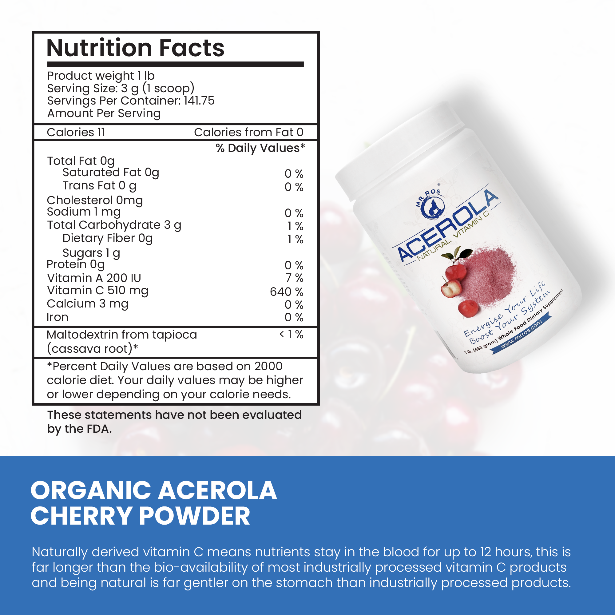 MR ROS Acerola Powder – 100% Natural Vitamin C (Sourced from Brazil) – 1 lb