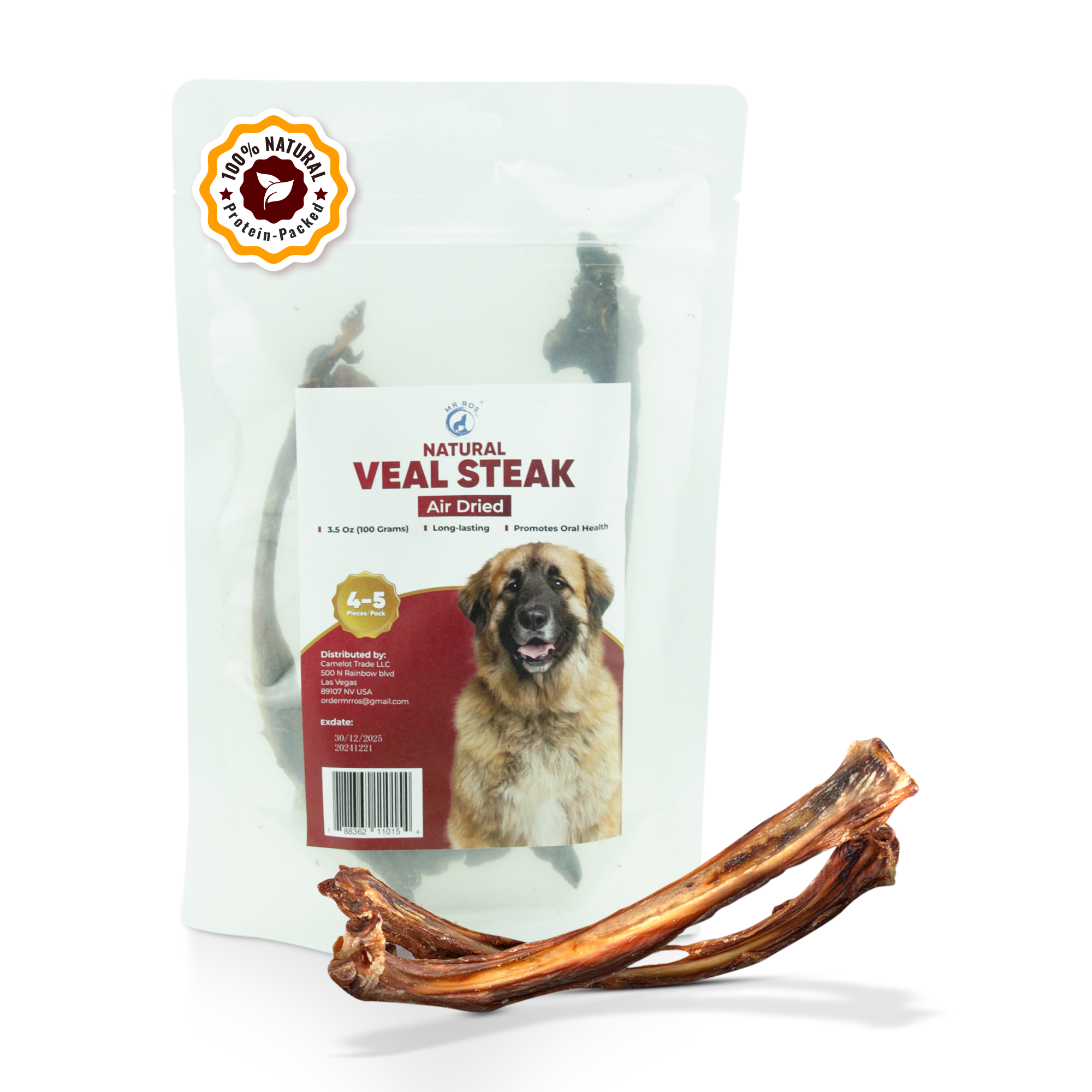 Air Dried Veal Steak Chews - Premium Dog Chews for Aggressive Chewers - Natural and Long Lasting Dog Treats for Dental Health - Healthy Treats for Power Chewer - (3.5 Oz, 4-5 Pieces)