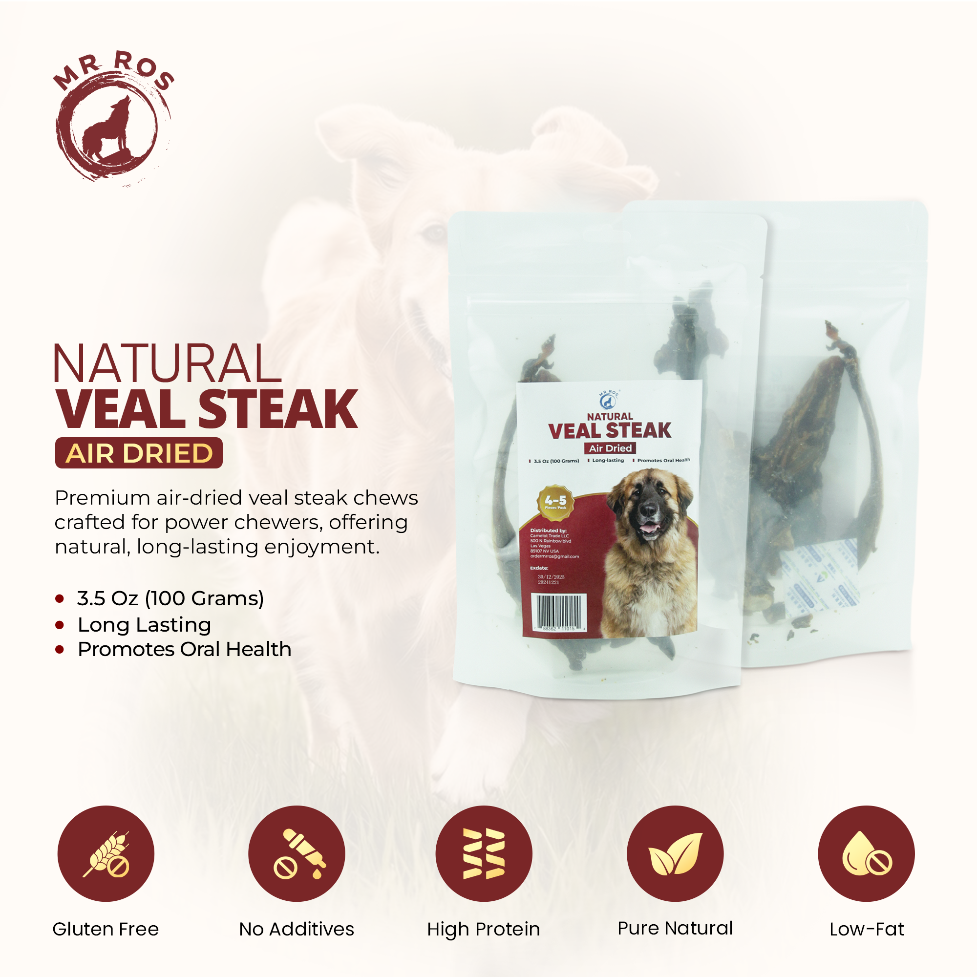 Air Dried Veal Steak Chews - Premium Dog Chews for Aggressive Chewers - Natural and Long Lasting Dog Treats for Dental Health - Healthy Treats for Power Chewer - (3.5 Oz, 4-5 Pieces)