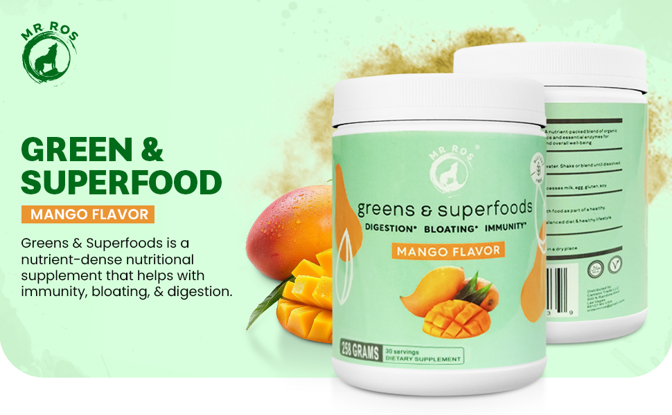 Greens & Superfoods Powder - Superfood Green Powder with 30+ Nutrition and Digestive Enzymes - Mango Flavour Drink Supplement for Gut Health, Bloating Relief - 258 gram Scoop 10 gram