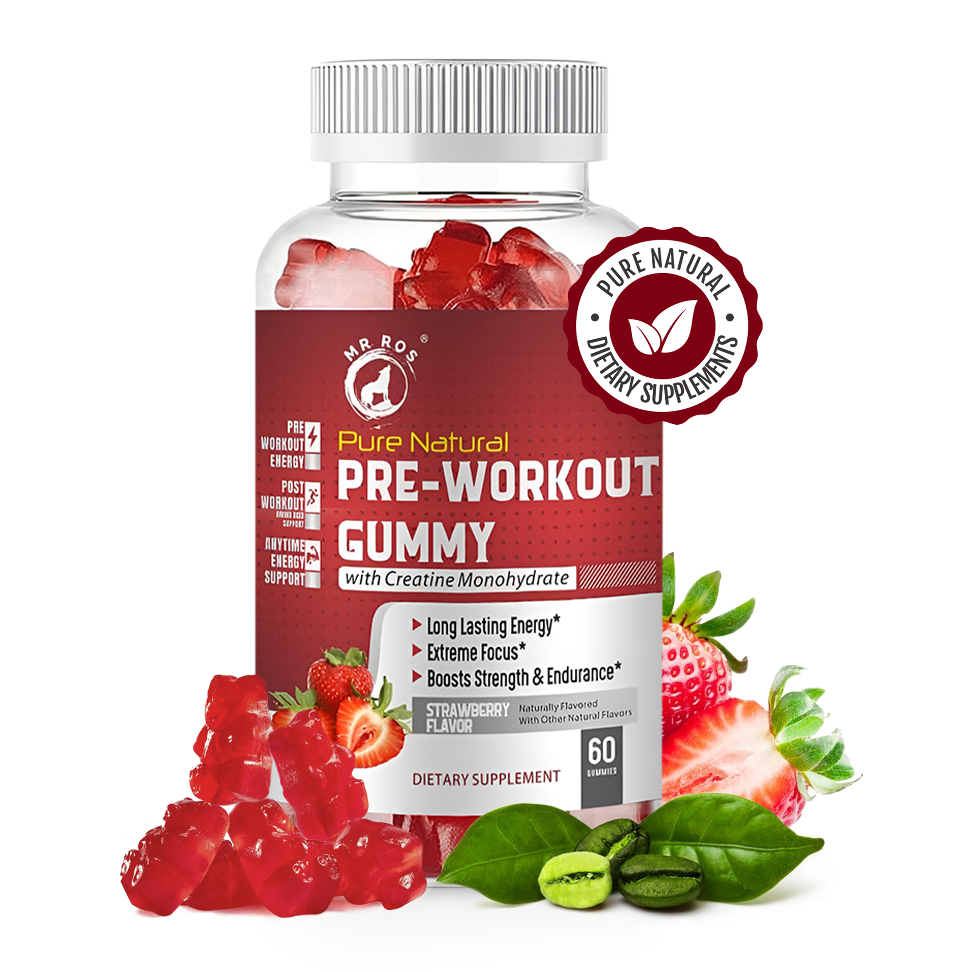 MR ROS Pre-Workout Gummies with Creatine Monohydrate & Green Coffee Bean Extract - 60 Gummies