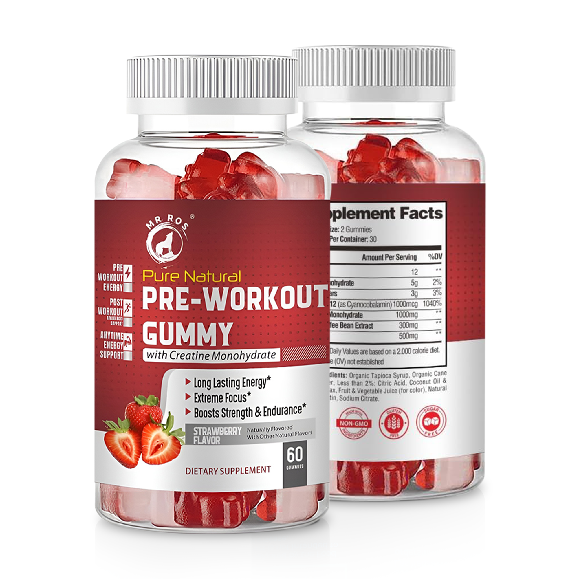 MR ROS Pre-Workout Gummies with Creatine Monohydrate & Green Coffee Bean Extract - 60 Gummies