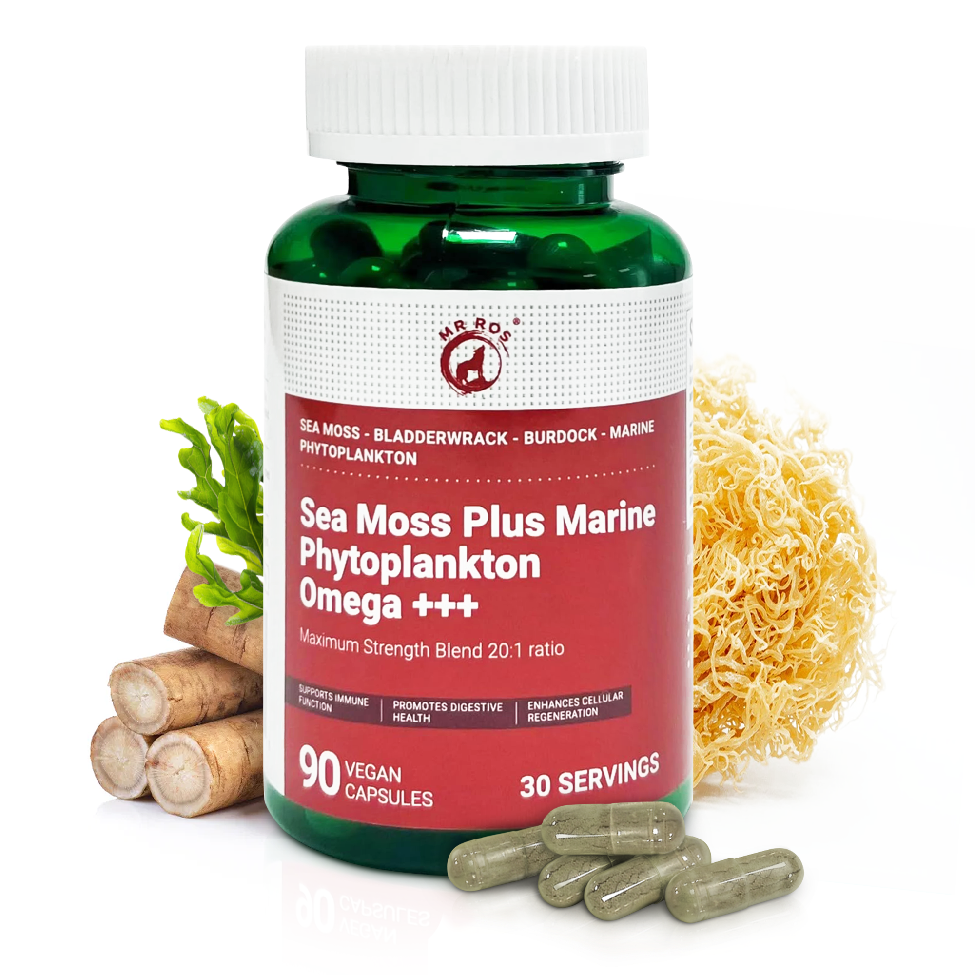 Sea Moss Complex 2100mg + Marine Phytoplankton | Premium Seamoss Blend with Bladderwrack & Burdock Root | 20:1 Irish Sea Moss Extract | 90 Vegan Capsules with Omega+++ | Non-GMO