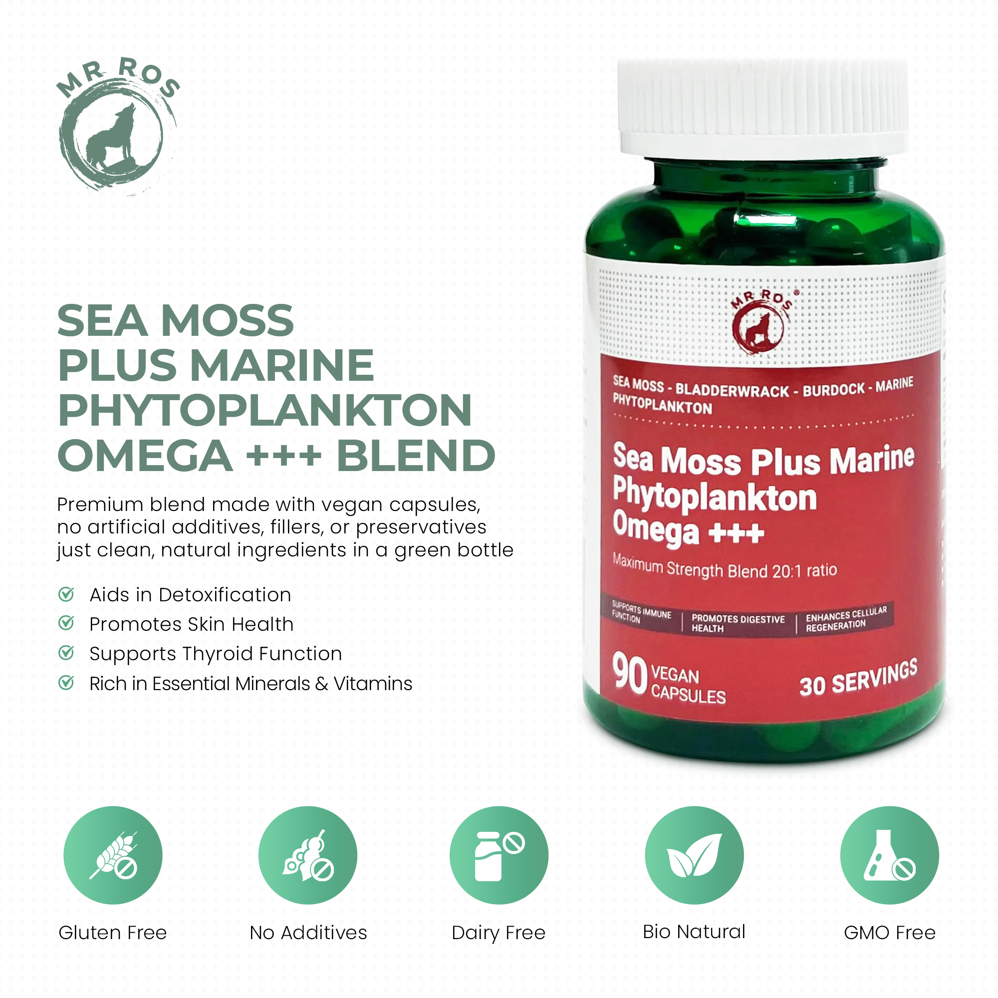 Sea Moss Complex 2100mg + Marine Phytoplankton | Premium Seamoss Blend with Bladderwrack & Burdock Root | 20:1 Irish Sea Moss Extract | 90 Vegan Capsules with Omega+++ | Non-GMO