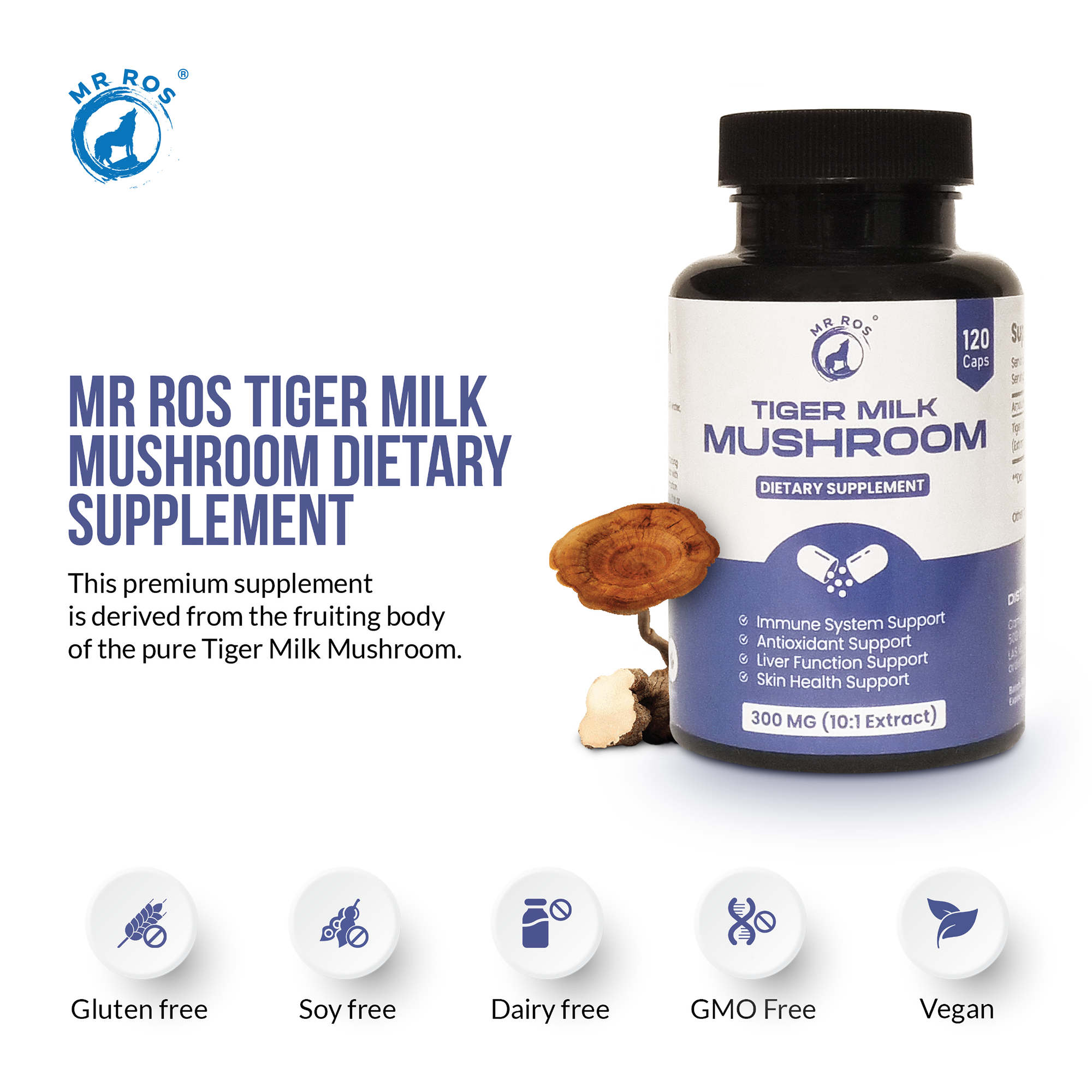 Tiger Milk Mushroom 300mg Capsules - Gluten-Free & Non-GMO (120 Count)